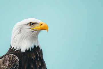 Fototapeta premium A close-up of a majestic bald eagle against a light blue background.