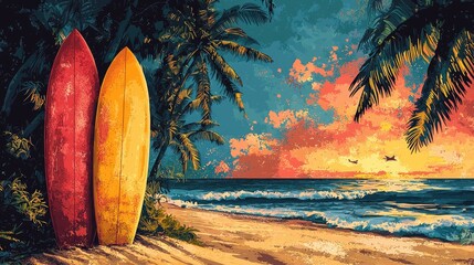 Two surfboards lean against palm trees on a beach at sunset.