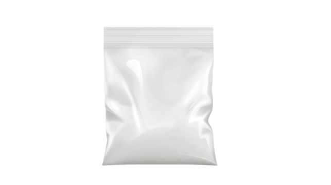 White blank foil plastic bag mockup isolated on transparent background	
