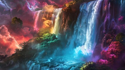 A wild and untamed waterfall with colors of every hue exploding from its powerful currents and creating a psychedelic wonderland.