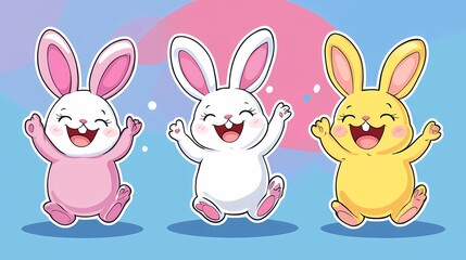 Three cheerful cartoon bunnies in pastel colors, celebrating with joy.