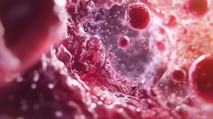 Abstract Crimson Fluid with Floating Spheres: A Microscopic Journey into a Vibrant, Dynamic World