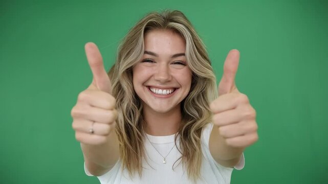 A smiling young woman giving two thumbs up against a green background.