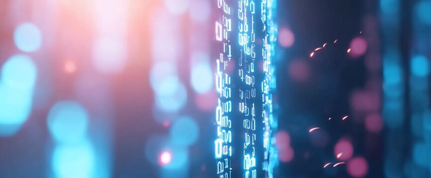 Abstract digital data stream with glowing binary code.