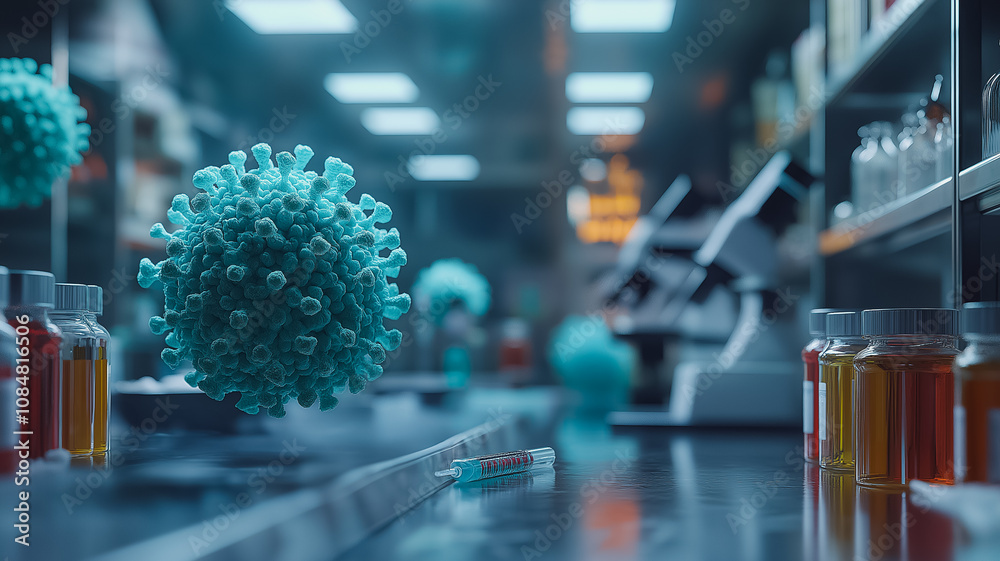 Poster a virus is floating in the air in a lab. the lab is filled with various bottles and vials, and a syr