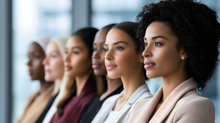A diverse group of women in professional attire, standing in a line, showcasing confidence and unity in a modern office setting.