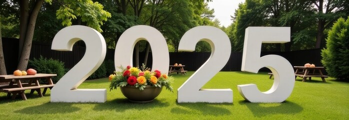 Garden Setting with Large 2025 Numbers on Green Grass, Surrounded by Trees and Colorful Flowers, Outdoor Decor Concept