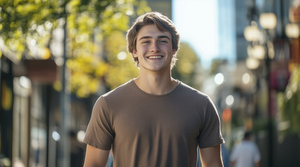 Fototapeta premium A young man is smiling and wearing a brown shirt