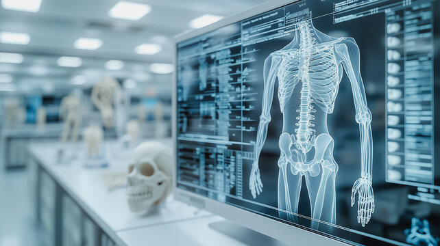 A computer monitor displays a skeleton and a human body. The skeleton is positioned in front of the human body, and the image is in black and white. Concept of scientific exploration and discovery