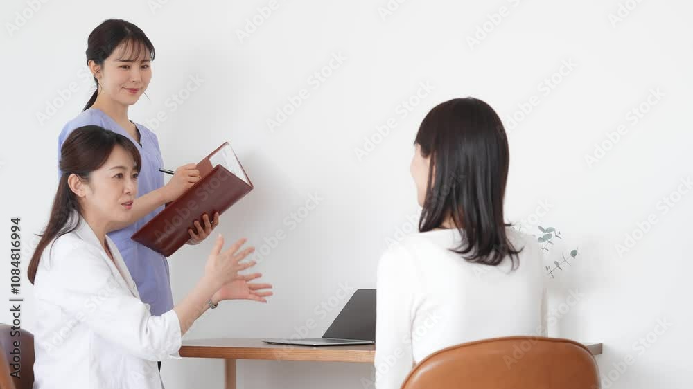 Aufkleber 診察、医師、カウンセリング、診療、医療、看護師、問診、女性、病院、患者、カウンセラー、産業医、相談、健診、クリニック、レディース、ビューティー、セラピスト、婦人科、レディースクリニック、日本人、治療、白衣、メディカル、アドバイス、アドバイザー、セラピー、ヘルスケア、健康、医療従事者、会話、婦人病、フェムテック、面談、話す、説明、笑顔、コピースペース、美容、エステ、エステティシャン、女医、診察室、診