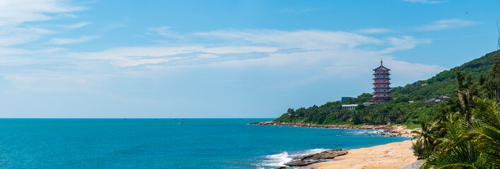 view of the sea and city from the sea. view of the sea. Beautiful beach in Sanya City, Hainan Province, China