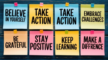 A colorful arrangement of motivational sticky notes with uplifting messages promoting positivity, action, gratitude, and personal growth.