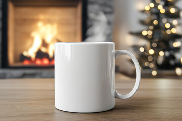 Fototapeta premium Blank white mug mockup in defocused holiday living room with fireplace background Flattering catalog style template steam from hot beverage perfect studio lighting cozy Christmas tree quiet time relax
