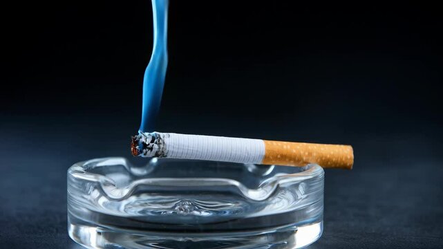 A cigarette rests in an ashtray with wisps of smoke rising above it.