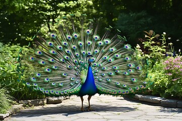 Obraz premium A vibrant peacock displaying its feathers in a lush garden setting.
