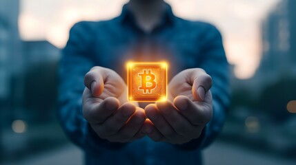 A visual representation of cryptocurrency investment featuring a person holding a glowing Bitcoin symbol. Ideal for finance and tech themes.