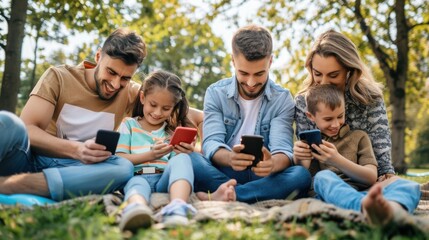 A family enjoying outdoor activities while staying connected through mobile devices, symbolizing bonding in a tech-savvy family, Contemporary lifestyle scene
