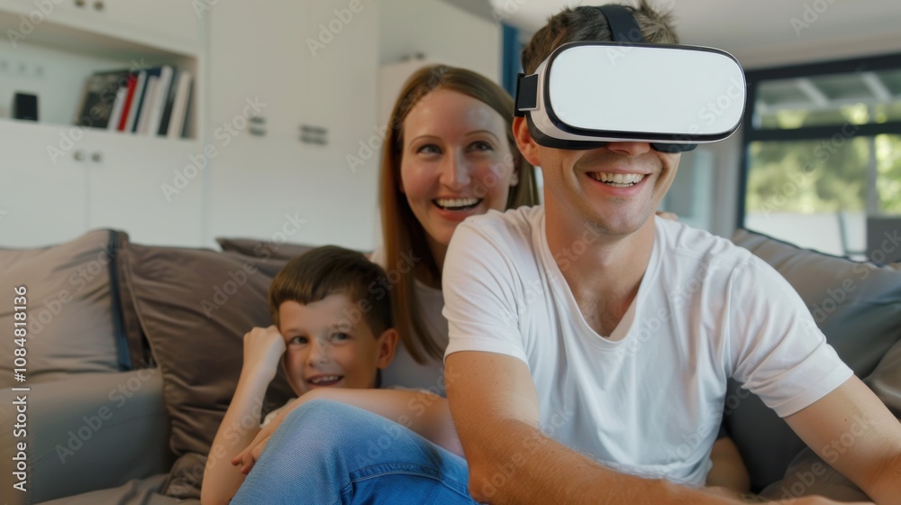 Poster A family exploring virtual reality educational simulations for interactive learning experiences at home, symbolizing enrichment and curiosity in digital educational tools, Contemporary lifestyle scene