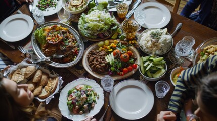 A family meal with diverse cuisines on a dining table, Culinary scene, Cultural fusion style