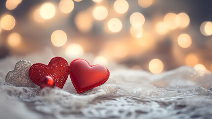 Fototapeta premium Two red hearts rest on delicate lace with dreamy bokeh background