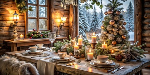 Naklejka premium Frosted Elegance: Vintage Christmas Table Decor in a Cozy Cabin Retreat with Snowy Ambience