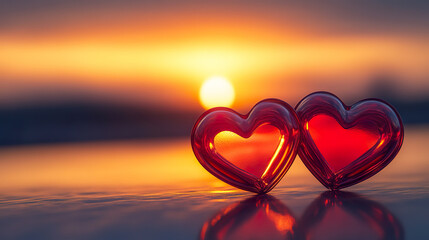 Two red glass hearts sit together against vibrant sunset, symbolizing love and romance.