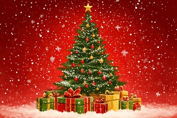 Obraz premium Christmas card with Christmas tree and gifts on a red background. with a place for congratulations. with generative ai