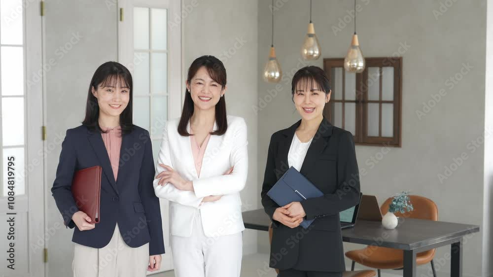 Poster 女性、ビジネスウーマン、ビジネス、チーム、笑顔、同僚、日本人、チームワーク、グループ、オフィス、マネジメント、上司、部下、人材、採用、経営者、スタートアップ、起業、会社員、企業、ポジティブ、自信、自立、独立、職場、仕事、立つ、並ぶ、スーツ、おしゃれ、ファッション、オフィスウェア、ビジネスウェア、フォーマル、経営、カメラ目線、キャリアウーマン、キャリアアップ、スキルアップ、パートナー、サポート、スタ