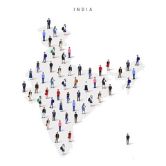 India population map. Large group of realistic a diverse crowd of people figures in a shape of Indian map. Flat vector illustration isolated on white.