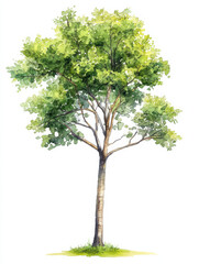 Watercolor illustration of poplar tree with tall green leaves and sturdy trunk, evoking sense of tranquility and nature beauty