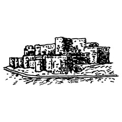 Obraz premium Medieval castle Krak des Chevaliers of the order of the Knights Hospitaller in Syria. Historical architectural fortress monument. Hand drawn linear doodle rough sketch. Black and white silhouette.