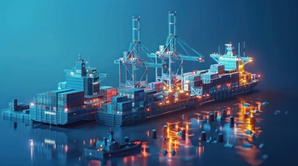 Obraz premium A low-poly rendering of a container ship docked at a port with a crane loading and unloading containers, against a blue background.