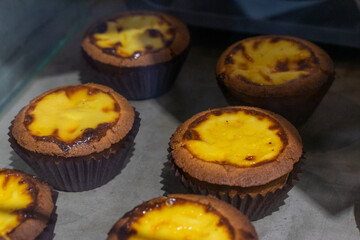 the irresistible allure of freshly baked egg tarts, their golden, flaky crusts perfectly crisp and their creamy custard filling gleaming under the light.