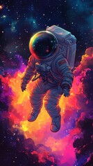An astronaut floats in a colorful cosmic scene filled with vibrant clouds and stars.