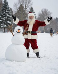 Fototapeta premium Santa Claus Plying with Snowman
