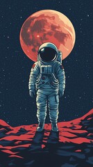 Obraz premium An astronaut stands on a red lunar landscape with a large moon in the background.
