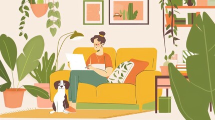 A freelancer working from a cozy home office with a pet by their side, symbolizing work-life balance in remote work culture, Contemporary lifestyle scene