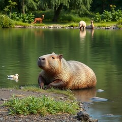 Relaxed Capybara Lounging by the Tranquil Riverbank