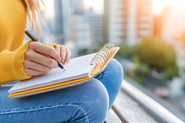 A person sits on a ledge, writing in a notebook with a pen, surrounded by a vibrant cityscape and warm sunlight.