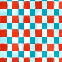 Abstract Checkerboard Pattern with Red, Blue, White, and Light Blue Squares