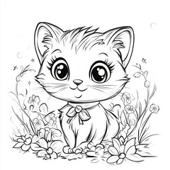 cartoon style coloring page for kids with cute cat