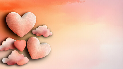 Fototapeta premium Romantic watercolor hearts and clouds on soft gradient background evoke love and warmth. Perfect for Valentine Day or romantic occasions