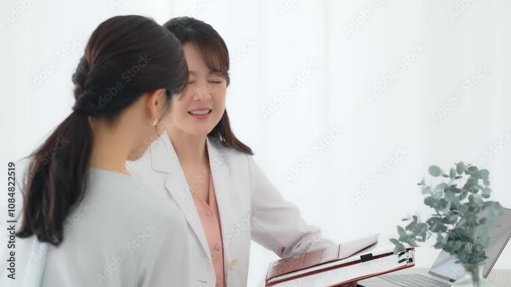Aufkleber 診察、女性、医療、カウンセリング、患者、問診、相談、医師、病院、日本人、クリニック、ビューティー、整形、美容、診療、カウンセラー、白衣、診察室、治療、レディースクリニック、婦人科、アドバイザー、話す、会話、面談、健診、健康診断、ヘルスケア、エステ、セラピー、セラピスト、コピースペース、診断、メディカル、聞き取り、カルテ、美容整形、サポート、アフターフォロー、担当医、かかりつけ医、説明、疑問、質問、