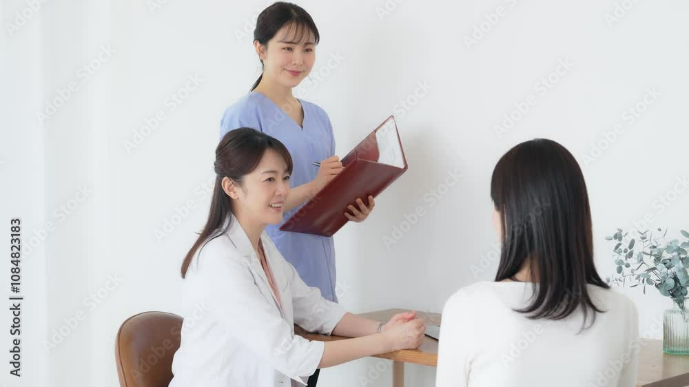 Aufkleber 患者、問診、医師、女性、女医、診察、看護師、診療、カウンセリング、医療、病院、日本人、健診、婦人科、産婦人科、レディースクリニック、カウンセラー、相談、治療、白衣、メディカル、アドバイス、アドバイザー、セラピスト、セラピー、産業医、ヘルスケア、健康、医療従事者、会話、婦人病、フェムテック、面談、話す、説明、ビューティー、クリニック、笑顔、コピースペース、美容、エステ、エステティシャン、診察室、診断