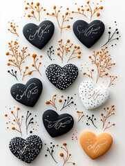 Decorative heart stones with elegant designs and floral accents create charming display. combination of black, white, and orange colors adds modern touch to this minimalist art piece