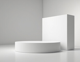 Fototapeta premium Simple white Pedestals Podium for product presentation geometrical shapes. Ai generated.