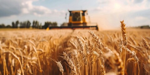 Golden wheat field being harvested by a combine harvester on a sunny day.