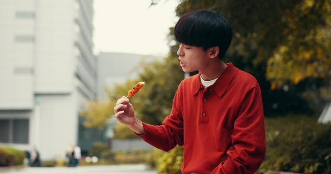 Japanese man, snack and eating street food in city on vacation, holiday and travel. Asian person, dessert and sweets with grilled dango, hungry and enjoy delicious traditional skewered dumplings