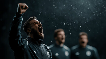 Excited athlete celebrating victory with a powerful shout in a dark background during a sports event