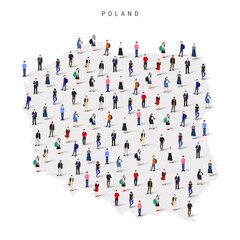 Poland population map. Large group of realistic a diverse crowd of people figures in a shape of Polish map. Flat vector illustration isolated on white.